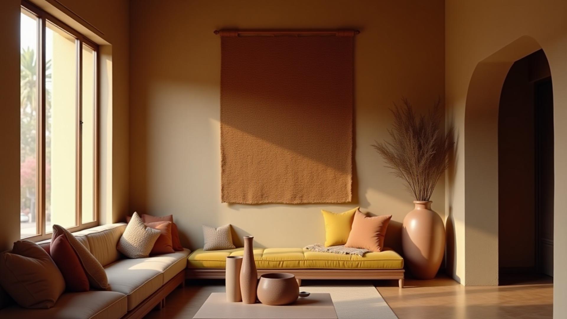 Interior de un lobby de hotel boutique decorado con textiles y objetos de cerámica artesanal de Trama y Taza, resaltando la elegancia y autenticidad del espacio.