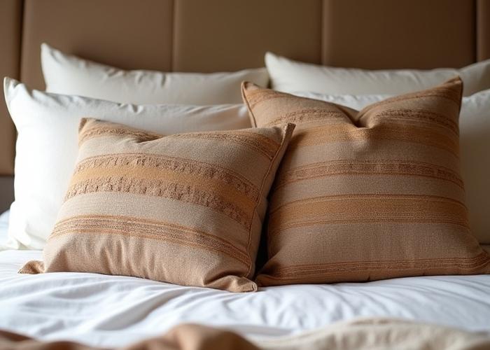 Detalle de cojines y mantas artesanales en una habitación del Hotel Escondido.