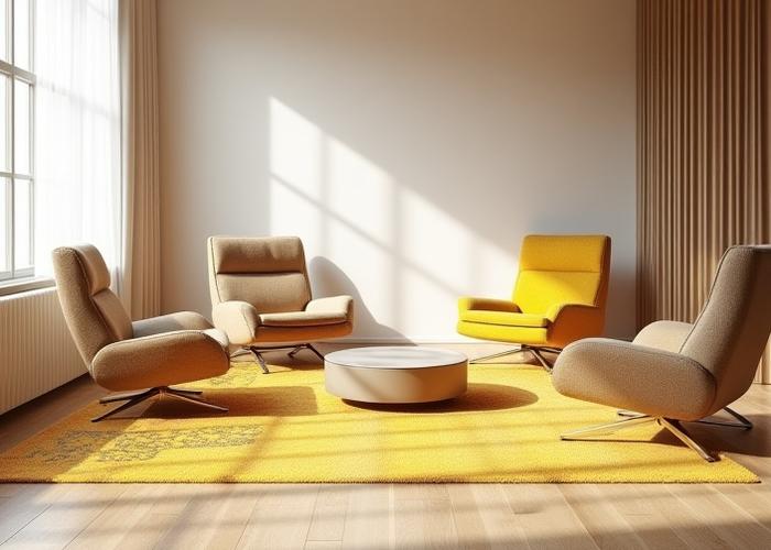 Sala de reuniones en WeWork decorada con una alfombra artesanal de grecas geométricas en tonos neutros.