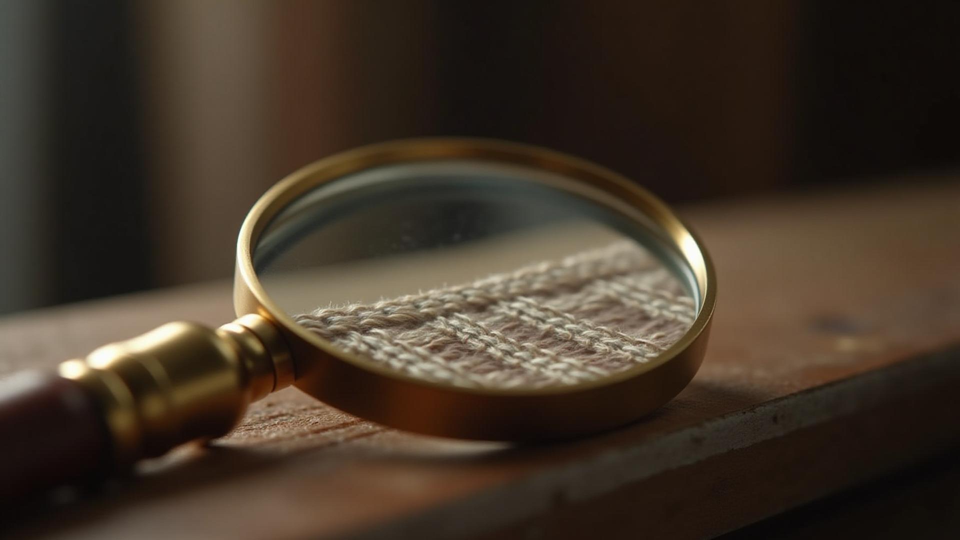 Primer plano de una lupa examinando la trama de un textil fino, destacando la precisión y la calidad artesanal.