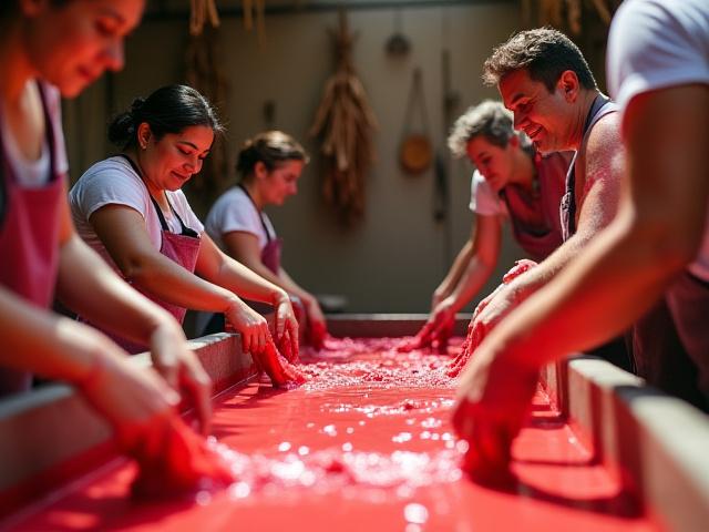 Participantes del taller de tintes naturales, concentrados aplicando tintes de cochinilla a textiles