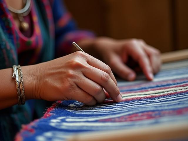 Manos expertas de una artesana tejiendo con precisión en un telar de cintura tradicional