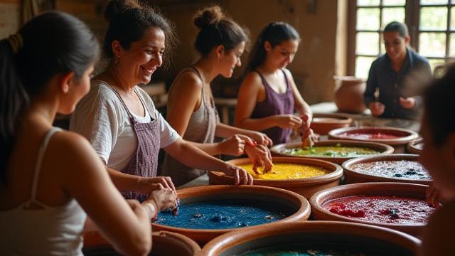 Maestra guiando a estudiantes en el proceso de teñido natural de textiles