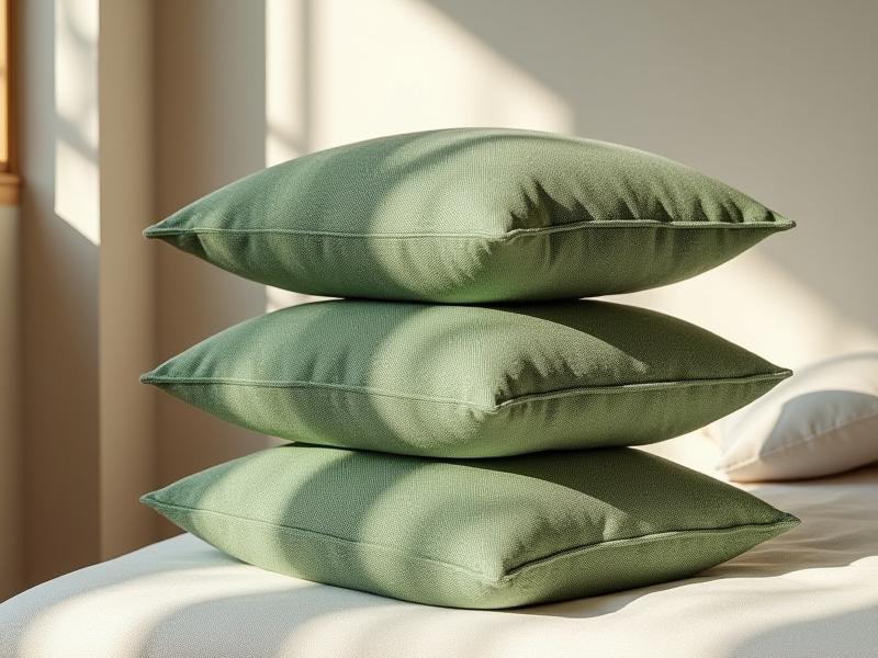 Cojines artesanales de mezclilla reciclada teñidos con aguacate, exhibidos elegantemente en la habitación de un hotel boutique.