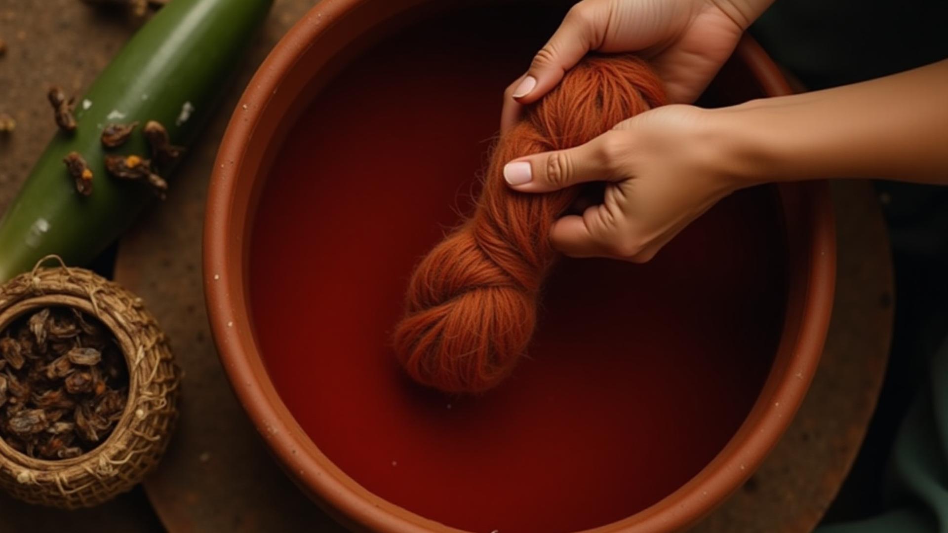 Manos sumergiendo una madeja de lana en una olla llena de tinte natural vibrante de cochinilla, rodeada de flores de cempasúchil y hojas de añil.