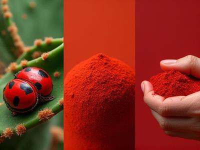 Primer plano del insecto cochinilla sobre un cactus, pigmento rojo en polvo y una tela tejida de color rojo intenso.
